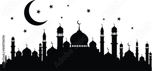 Silhouette of a mosque with crescent moon and stars, representing Islamic architecture, Ramadan, and religious celebration