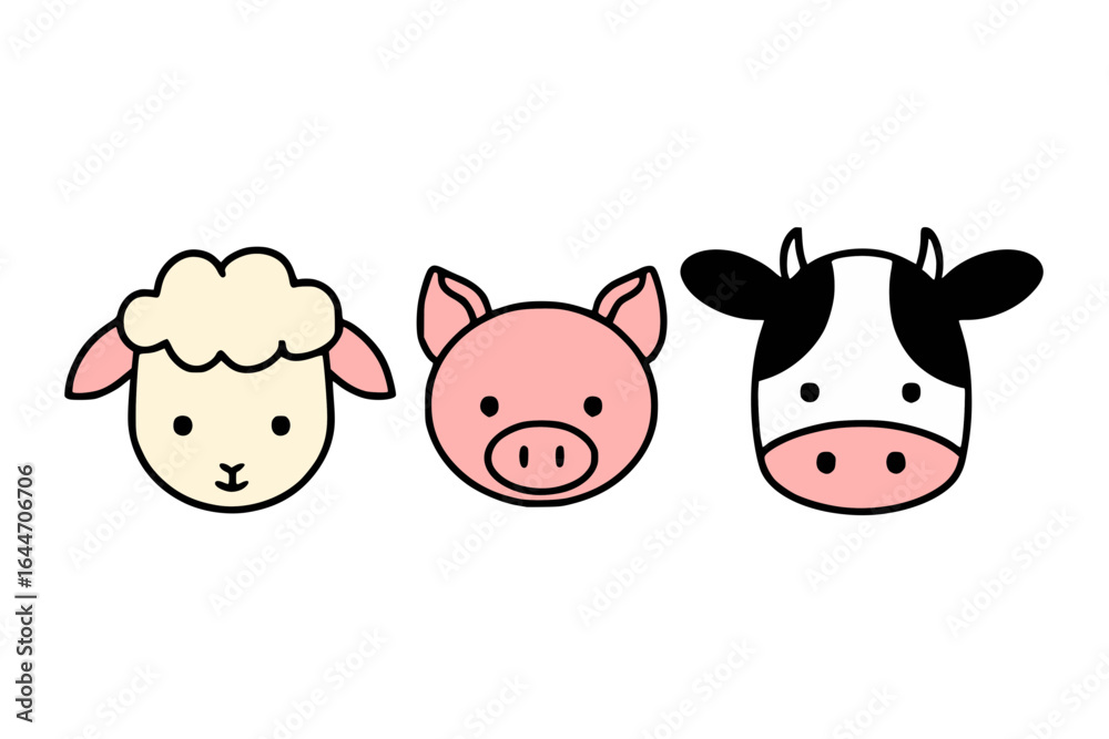 Fototapeta premium Cartoon Sheep, Pig, Cow