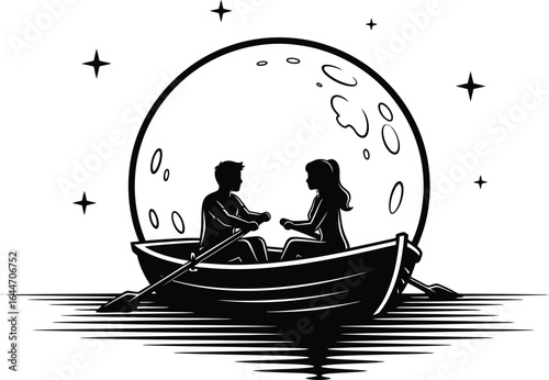 A romantic couple is silhouetted in a rowboat under moonlight, surrounded by stars, creating a serene and dreamy scene