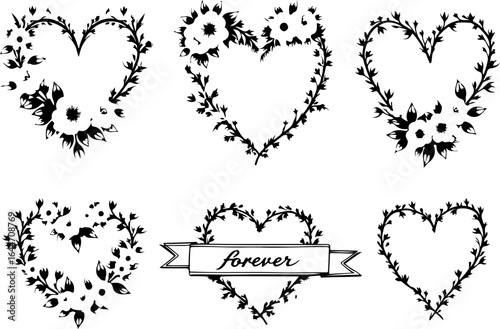Floral Heart Wreaths & Love Banner Line Art Set" vector bundle