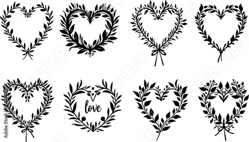 Floral Heart Wreaths & Love Banner Line Art Set" vector bundle