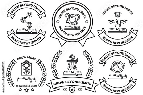 image is a collection of six different designs all of which feature a book