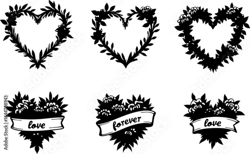 Floral Heart Wreaths & Love Banner Line Art Set" vector bundle