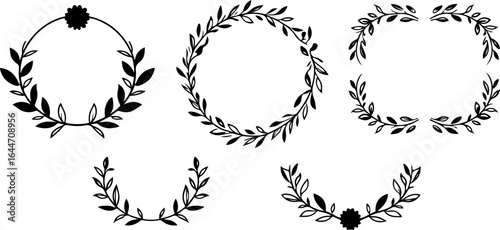 Floral Heart Wreaths & Love Banner Line Art Set" vector bundle