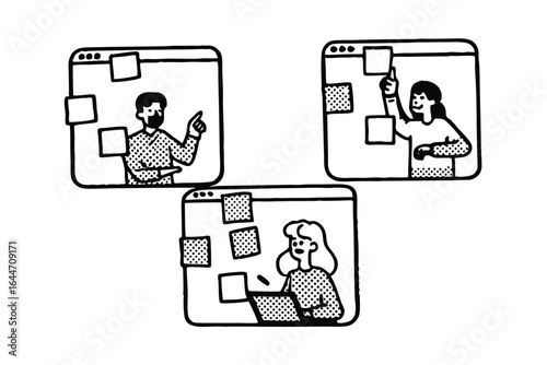 Diverse team collaborating remotely through video conference calls on laptops