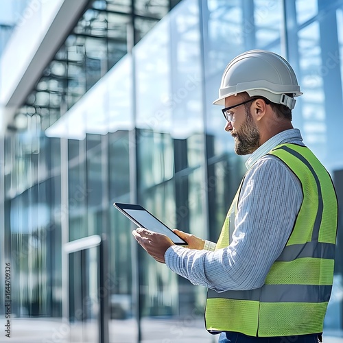 Hard hat worker checks tablet near modern glass building.