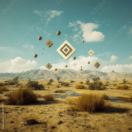 desert landscape with floating geometric idea symbols in the air