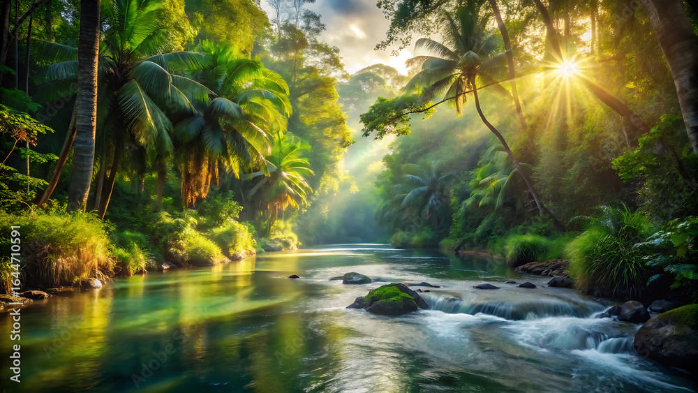 Fototapeta premium Sunlit River In Lush Tropical Forest Landscape