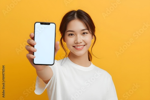 young asian woman showing her mobile cell phone with white screen over yellow background.