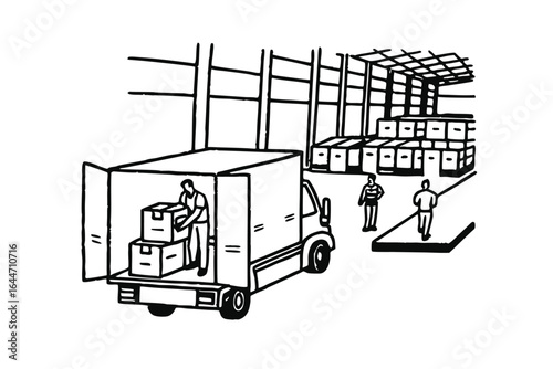 Logistics and delivery workers loading cargo onto a truck with a map background