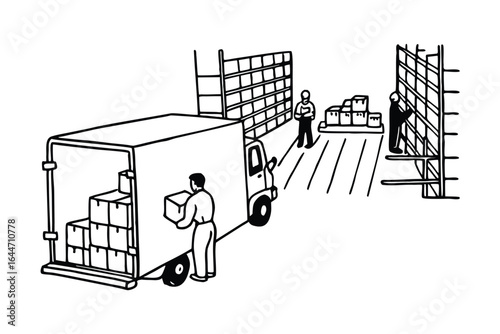 Warehouse logistics and delivery with truck and shipping boxes