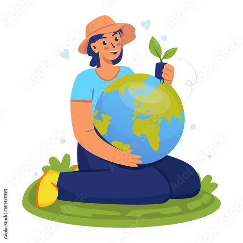 A girl holding globe and plant seeds vector illustration