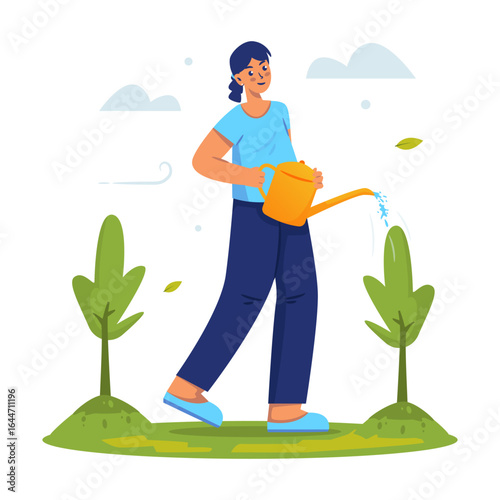 A girl watering plants vector illustration