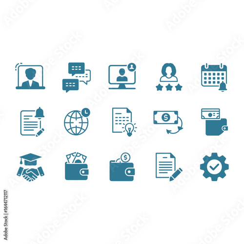 Collection of modern digital icons representing business and education concepts