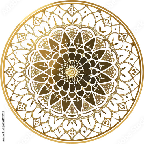 Detailed circular mandala vector with symmetrical floral patterns, gold outline, transparent background, perfect for wedding, spa, luxury branding, and decor designs