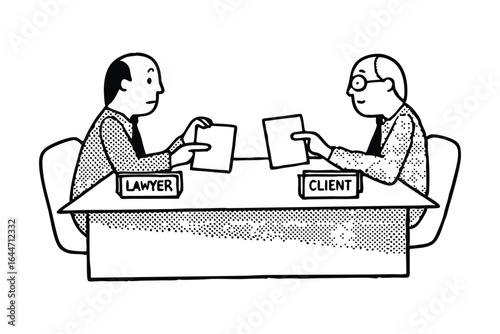 Lawyer and client discussing legal matters with court document