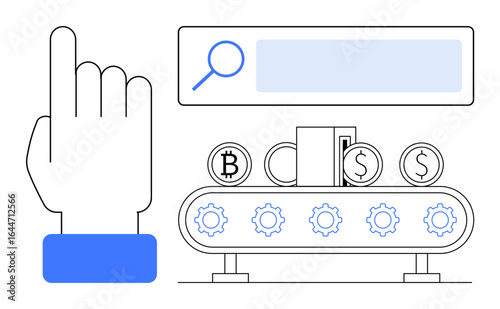 Hand pointing to search bar, below a conveyor belt with crypto coins and gears. Ideal for finance, cryptocurrency, automation, data processing, fintech, e-commerce, innovation simple landing page