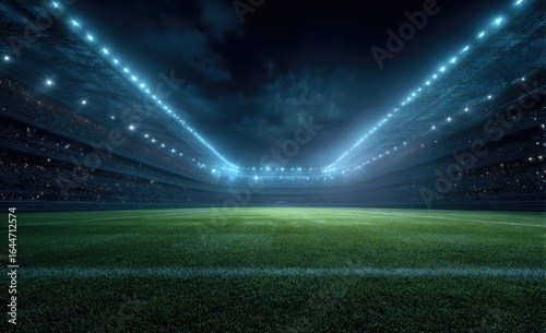 Empty stadium at night, lit by powerful spotlights.  Grass field stretches into the center of the image, with tiers of dark seats rising above.
