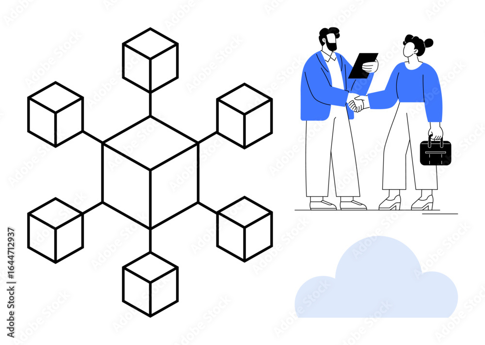 Fototapeta premium Structured blockchain pattern diverging into nodes beside business professionals shaking hands, referencing collaboration. Ideal for technology, decentralization, cloud computing, teamwork, business