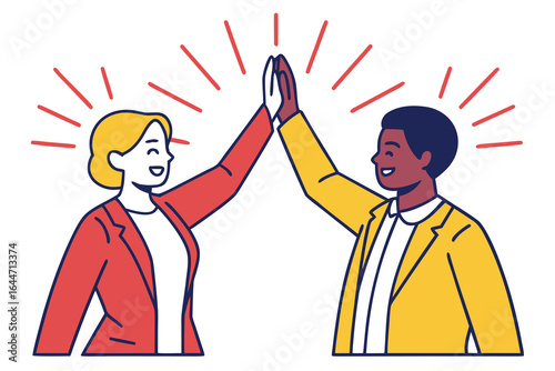 Diverse Business Professionals HighFiving in Cartoon Style Illustration Expressing Success and Collaboration with Radiating Lines