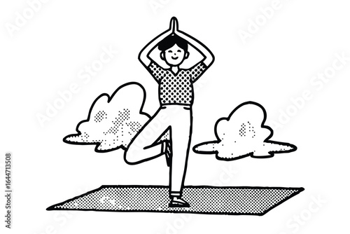 Person practicing yoga tree pose with abstract elements and tree illustration