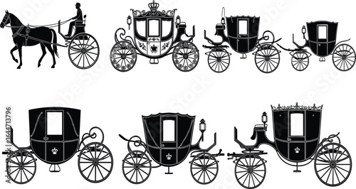 Vintage carriages, horse-drawn, ornate design, royal transport, historical silhouette, elegant illustration, antique style, classic vehicle, regal artwork, period theme