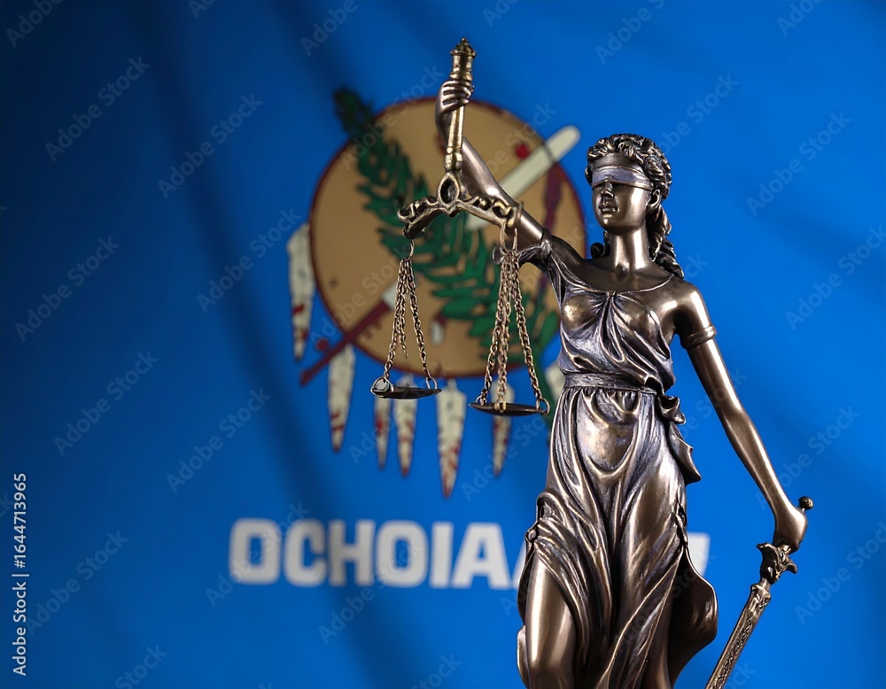 Fototapeta premium Lady Justice statue before a state flag
