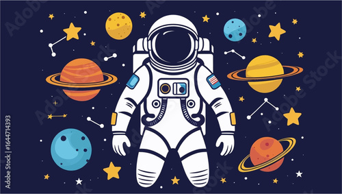Astronaut exploring space surrounded by planets, stars, and constellations. Suitable for science fiction or educational materials related to space.