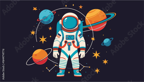 Astronaut immersed in cosmic universe with planets, stars, and constellations. Perfect for scifi, space exploration, astronomy concepts, educational materials.