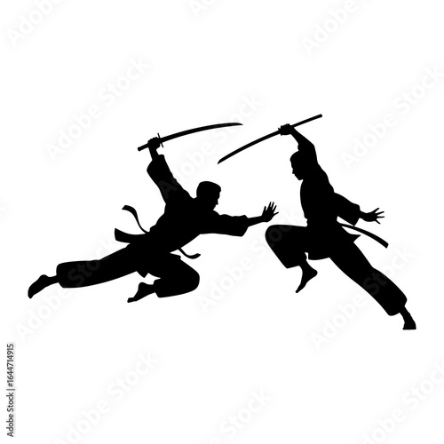 Warriors clash with swords in dynamic pose martial arts