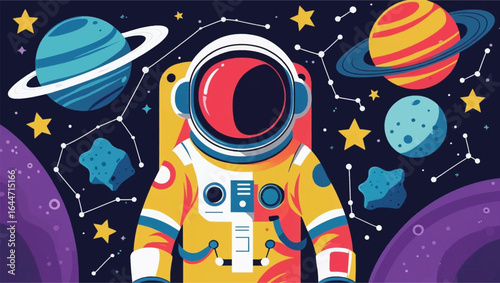 Astronaut explores planets, stars, asteroids, and constellations in charming space art. Ideal for astronomy, science, and exploration concepts.