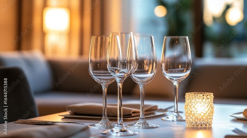 26.Elegant dining table set with crystal-clear wine glasses and a softly flickering candle, cozy modern couch and plush furnishings in the background 26.Elegant dining table set with crystal-clear wine glasses and a softly flickering candle, cozy modern couch and plush furnishings in the background