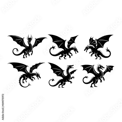 Black dragons flying and standing mythical creatures