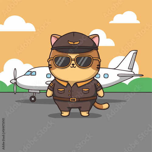 A cute cartoon cat pilot in uniform and sunglasses stands on the tarmac in front of a propeller airplane.
