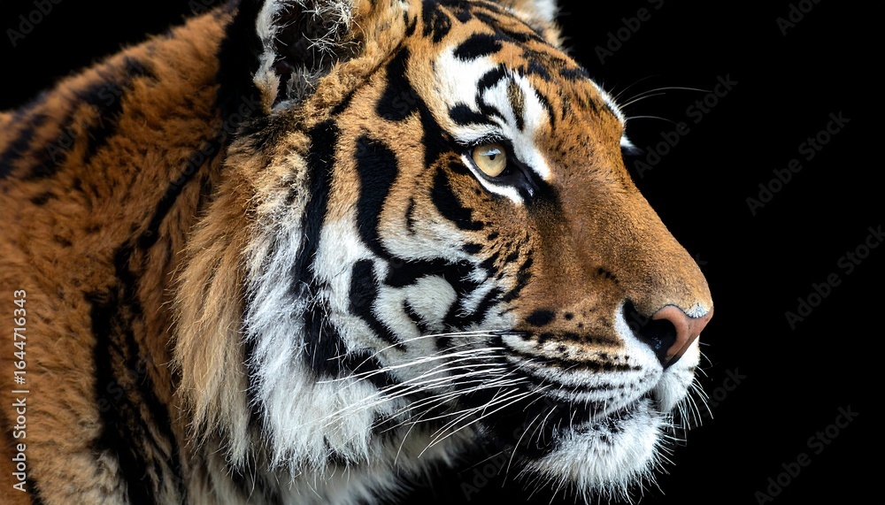 Fototapeta premium Striking Bengal Tiger Profile: Intense Gaze and Detailed Fur Against Black Backdrop