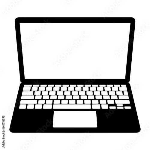 Black laptop computer with white screen and keyboard