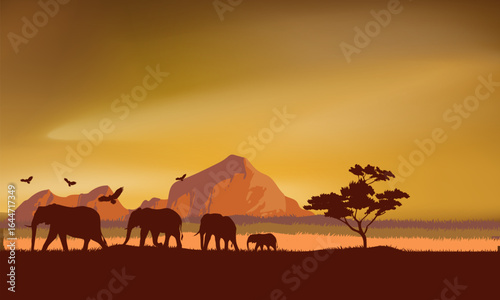 African wildlife silhouette on landscape of wild nature vector illustration background. Elephants, camels, deers.
