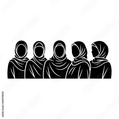 Five women wearing hijabs headscarves black and white