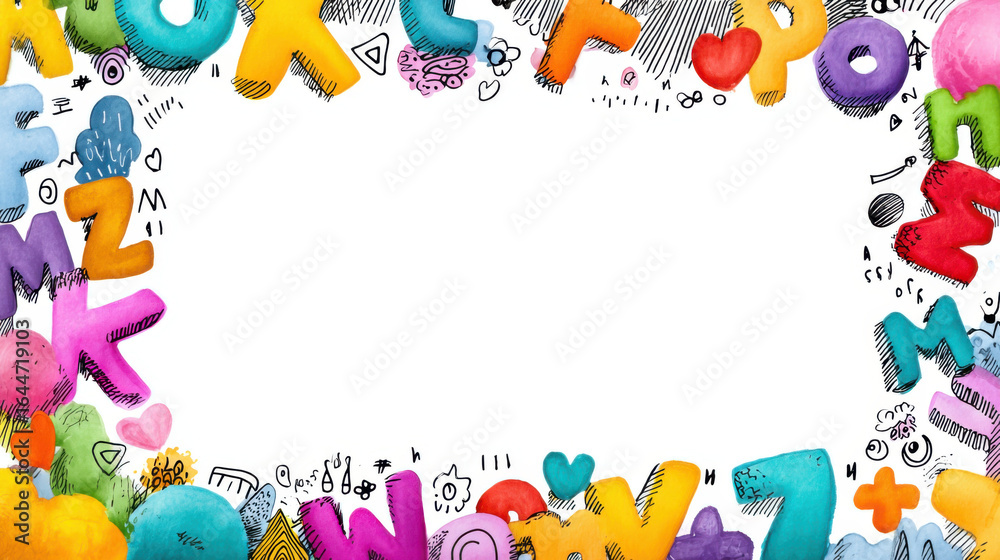 Fototapeta premium Colorful alphabet letters and doodles frame whiteboard, creating playful and creative space for ideas. vibrant colors and whimsical designs add fun and energetic vibe