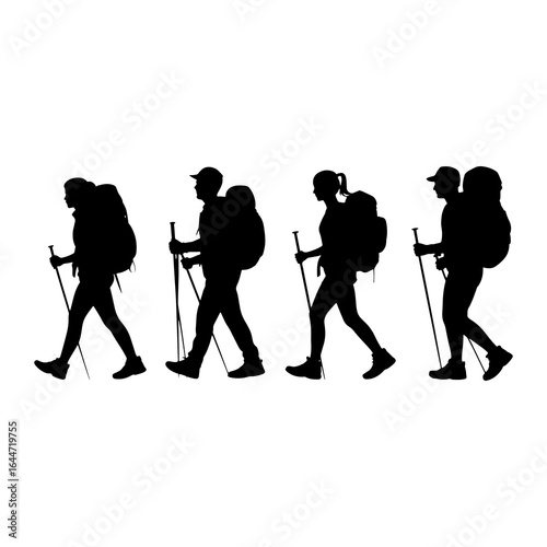 Hikers with backpacks and poles trekking poles walking