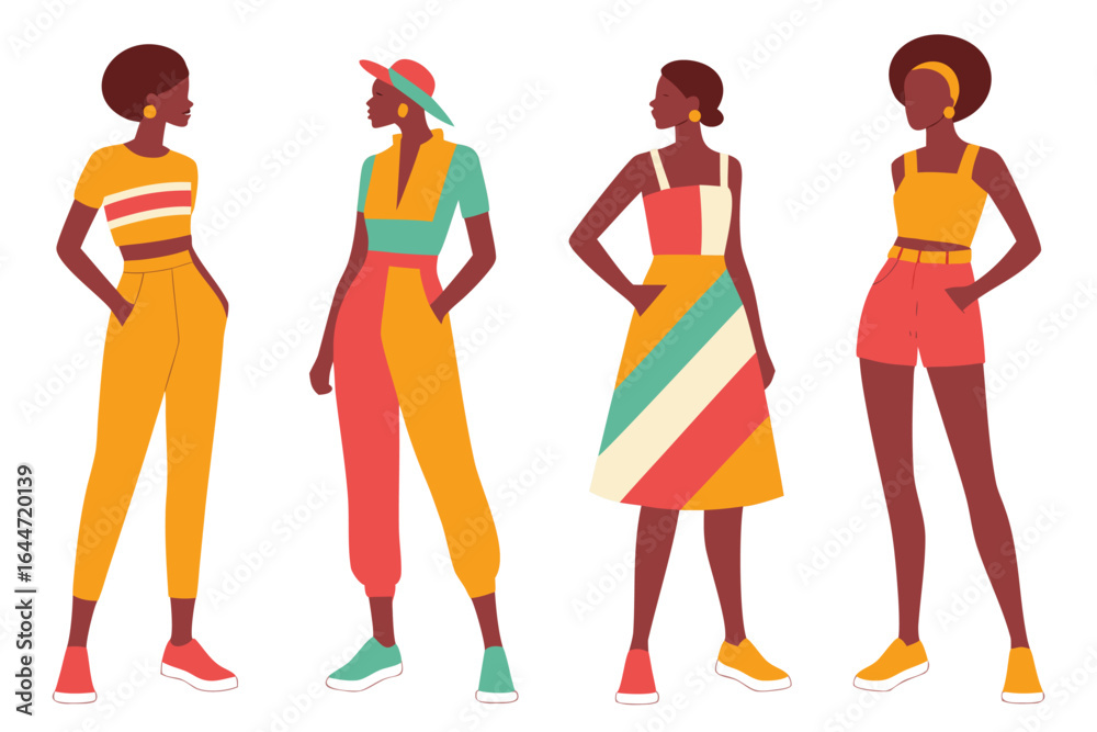 Fototapeta premium Four Afro Women Wearing Bright Retro Outfits Standing Isolated on White Background Illustration
