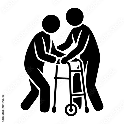 Person assisting another with walker assistance mobility aid