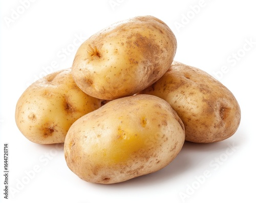 Stack of four russet potatoes against white background