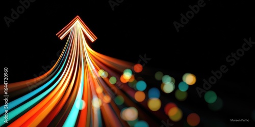 Colorful upward arrow with streaks of light, against a black background.  Bokeh effect adds depth