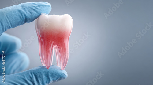Gloved hand holds model of tooth, illustrating dental health concepts. tooth model shows detailed anatomy, highlighting gum disease with swollen gums and loose tooth