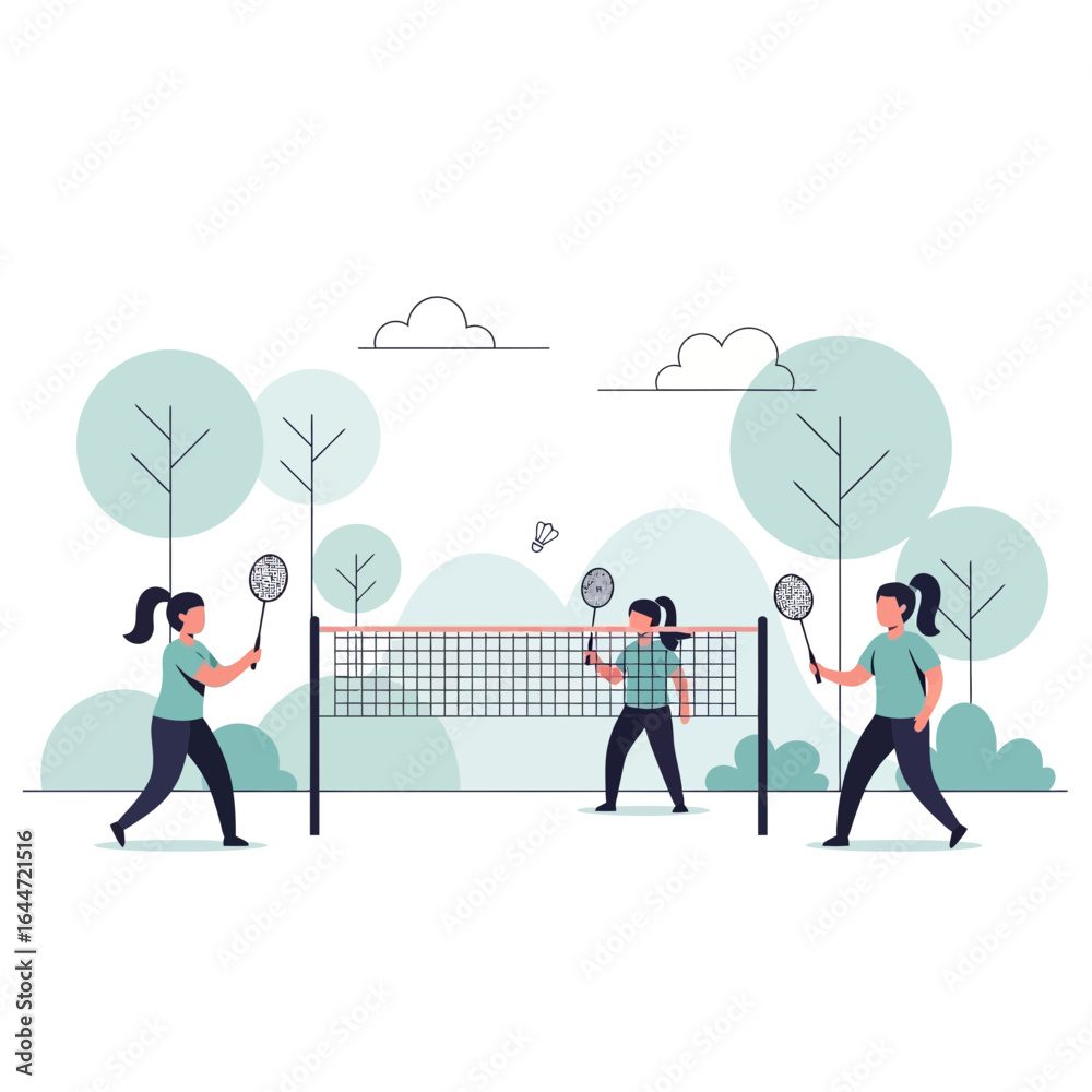 Energetic young women enjoying a friendly game of badminton together in a vibrant park setting, showcasing active lifestyle and outdoor recreation with dynamic play. Energetic young women enjoying a friendly game of badminton together in a vibrant park setting, showcasing active lifestyle and outdoor recreation with dynamic play.