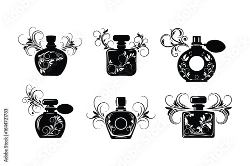 Six black silhouette perfume bottles with ornate floral swirls fragrance scent