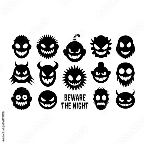 Spooky monster faces and beware the night text halloween