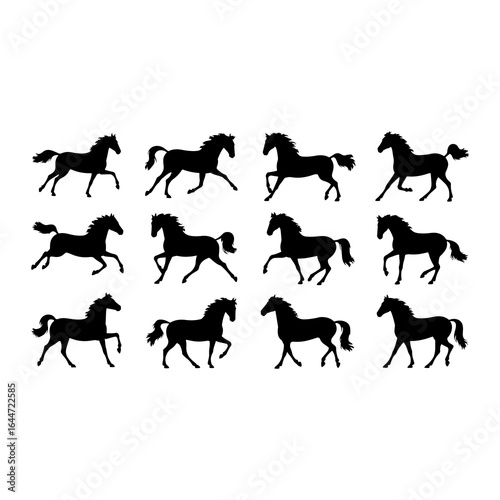 Twelve black horse silhouettes in motion horses running