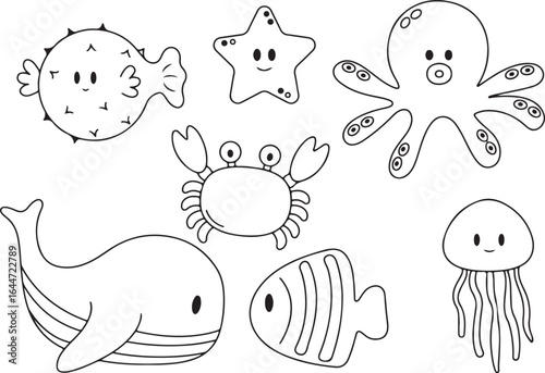  Sea Creatures Outline Illustration – Whale, Fish, Crab, Starfish, Shell, Ocean, Marine, Underwater, Sea Life, Cute, Kids, Coloring Page, Line Art, Aquatic, Doodle, Cartoon, Educational, Transparent B